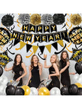 Black and Gold Happy New Year Decoration Kit with Banner, Streamers, and Balloons
