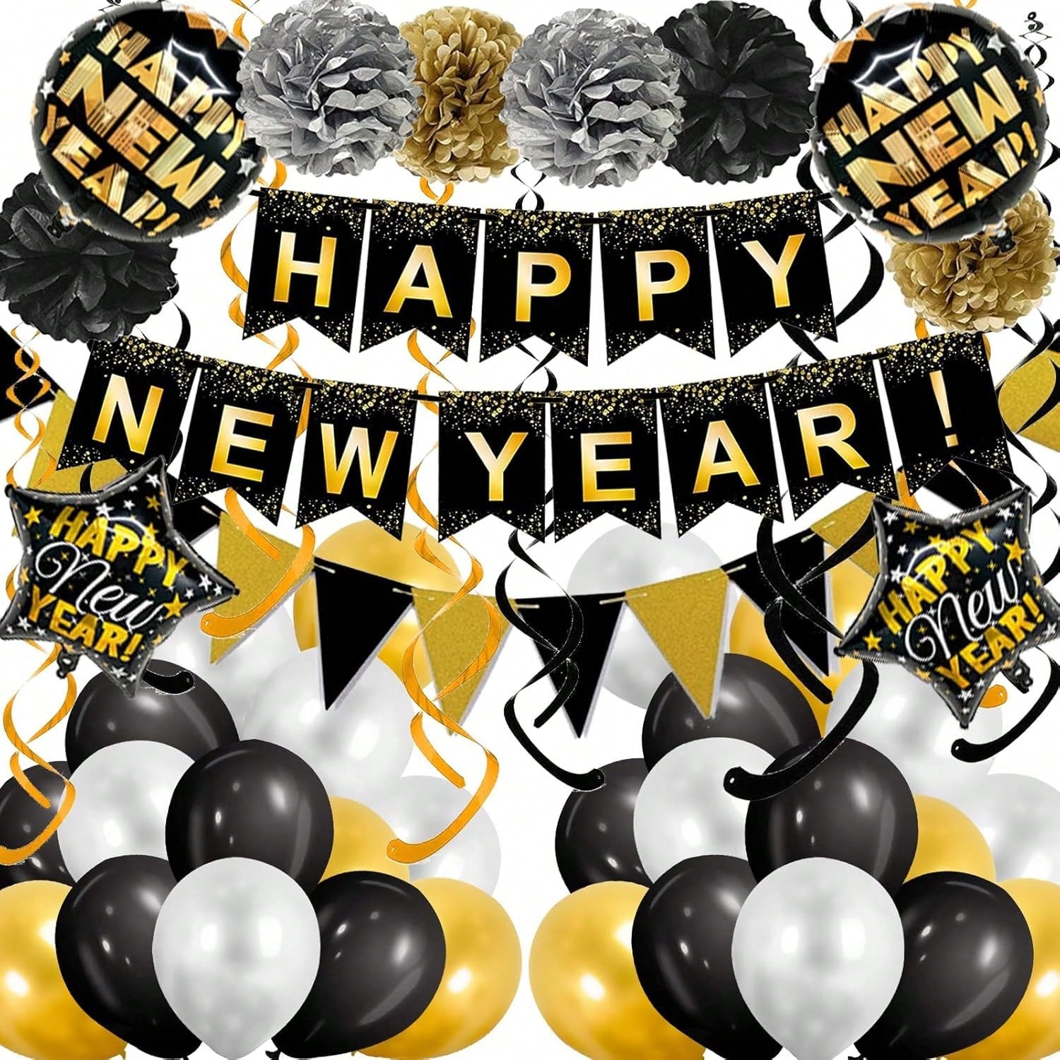 Black and Gold Happy New Year Decoration Kit with Banner, Streamers, and Balloons