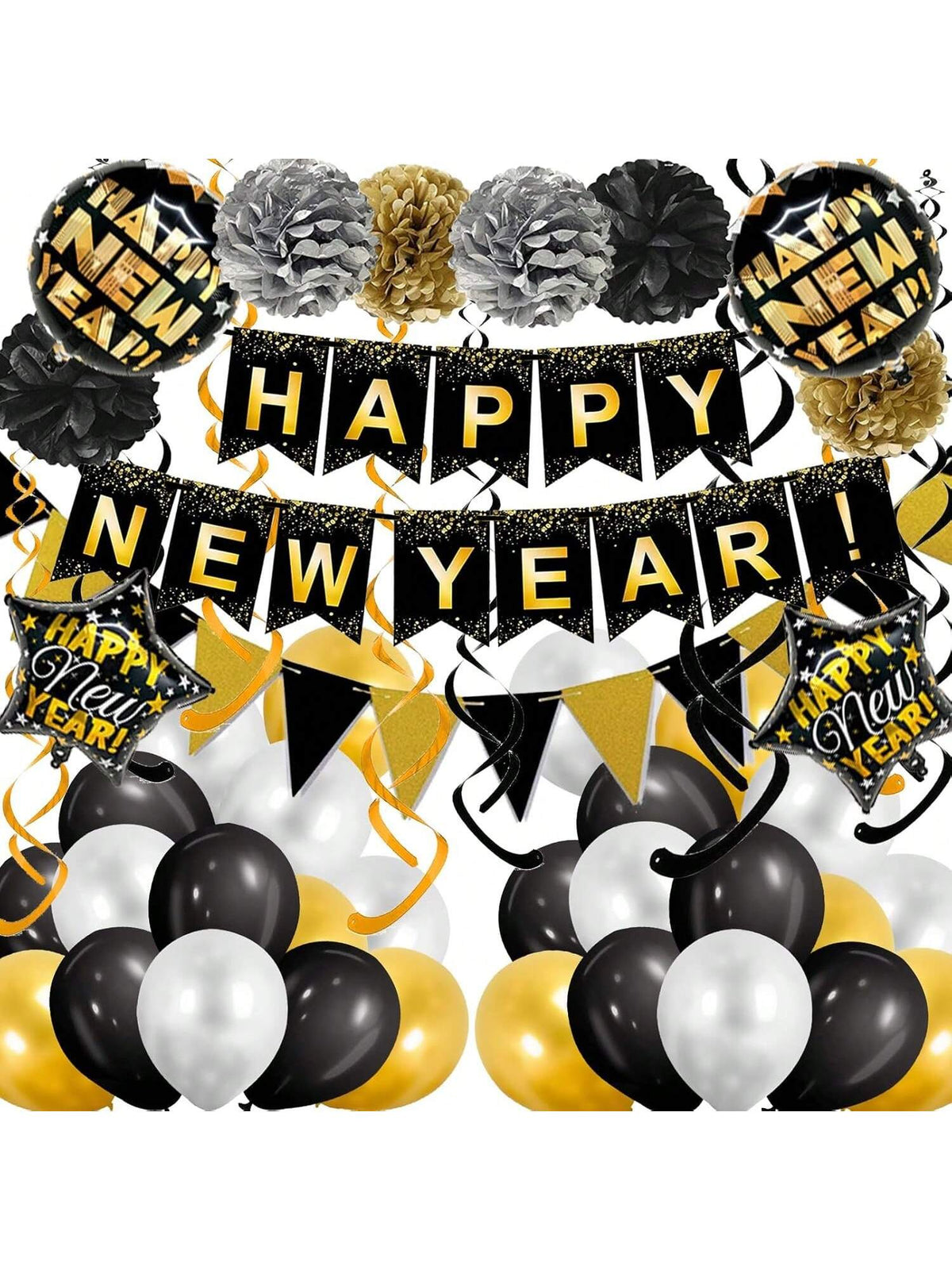 Black and Gold Happy New Year Decoration Kit with Banner, Streamers, and Balloons