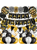 Black and Gold Happy New Year Decoration Kit with Banner, Streamers, and Balloons