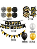 Black and Gold Happy New Year Decoration Kit with Banner, Streamers, and Balloons
