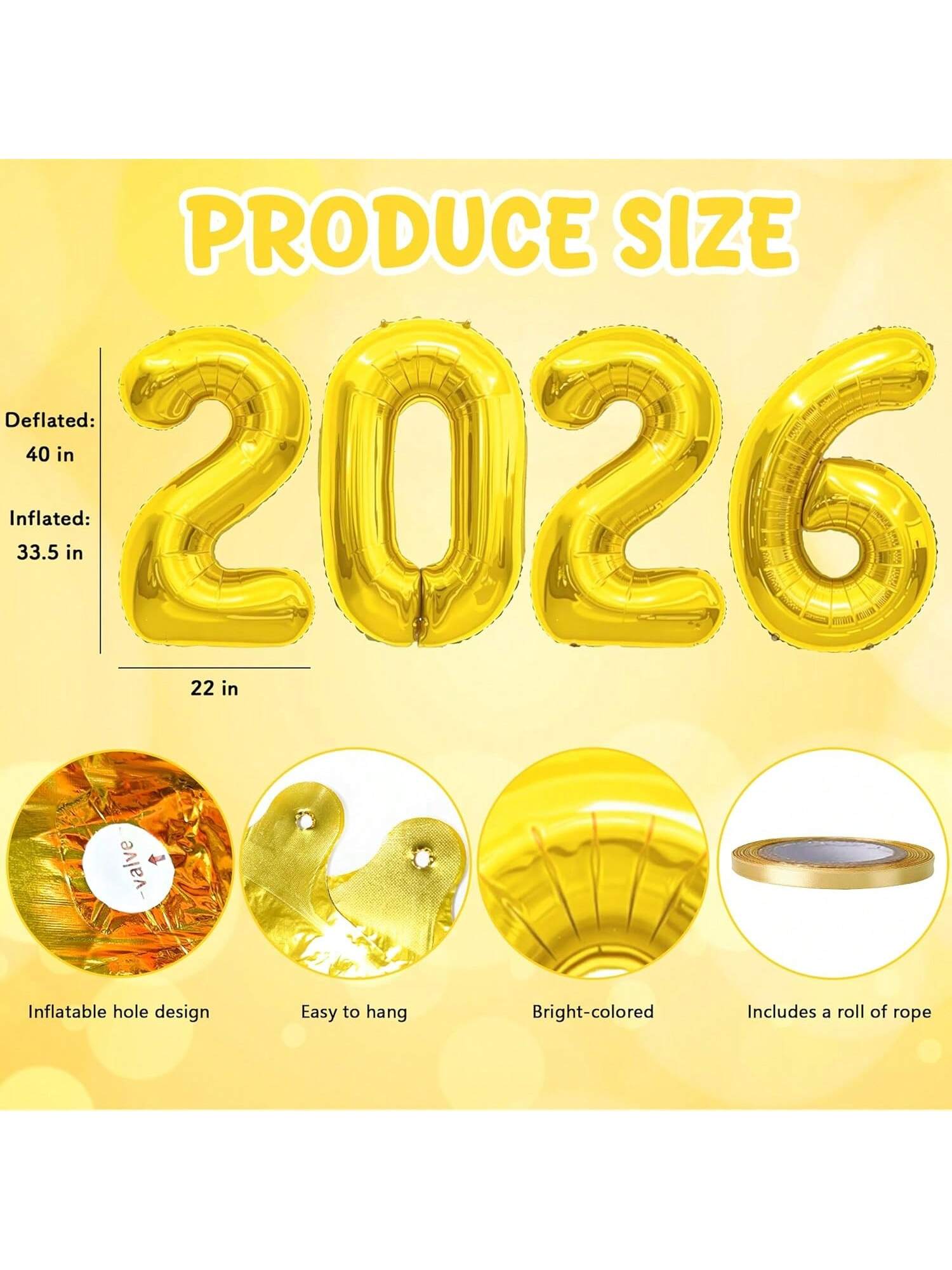 Gold 2026 Number Balloons for New Year Parties and Graduation Decor