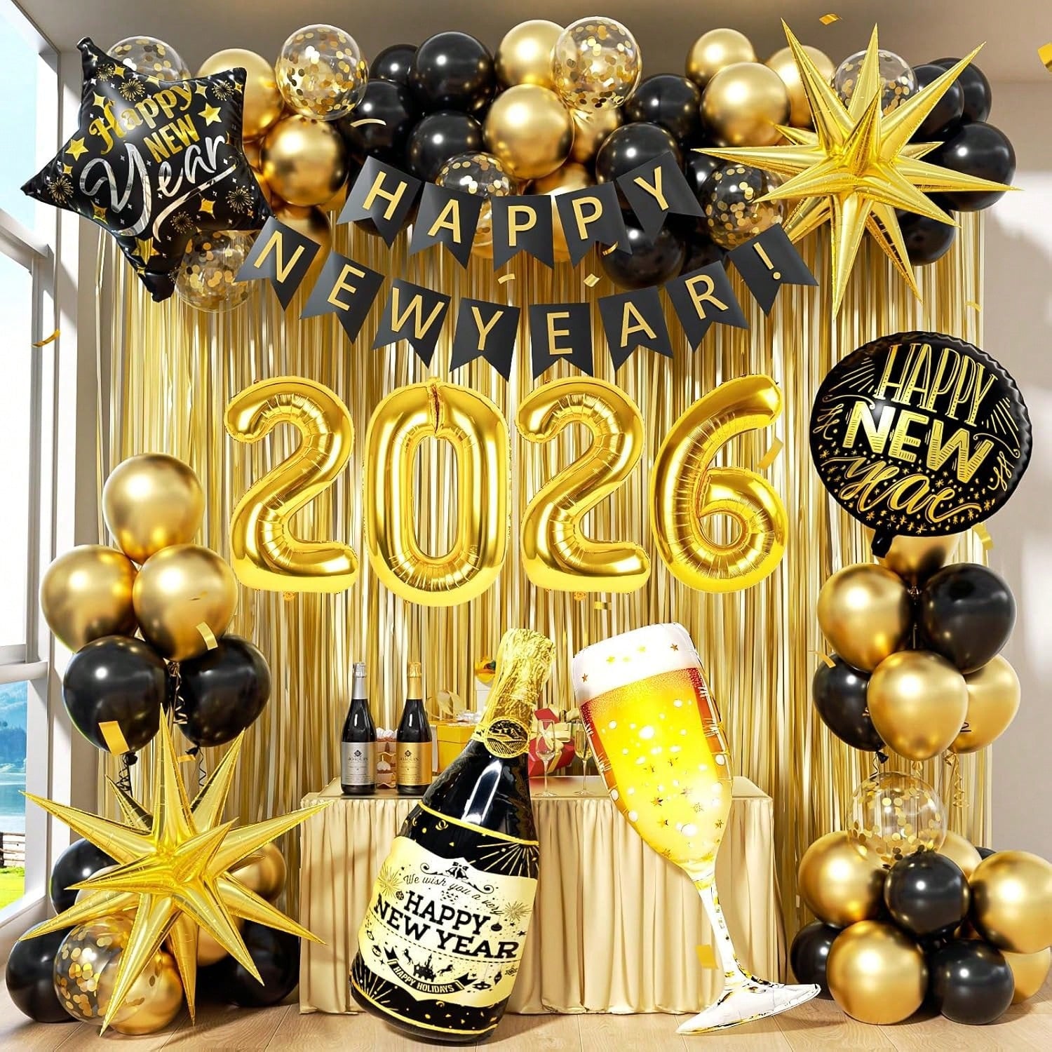 2026 New Year Party Decorations Black & Gold Balloons Banner Backdrop