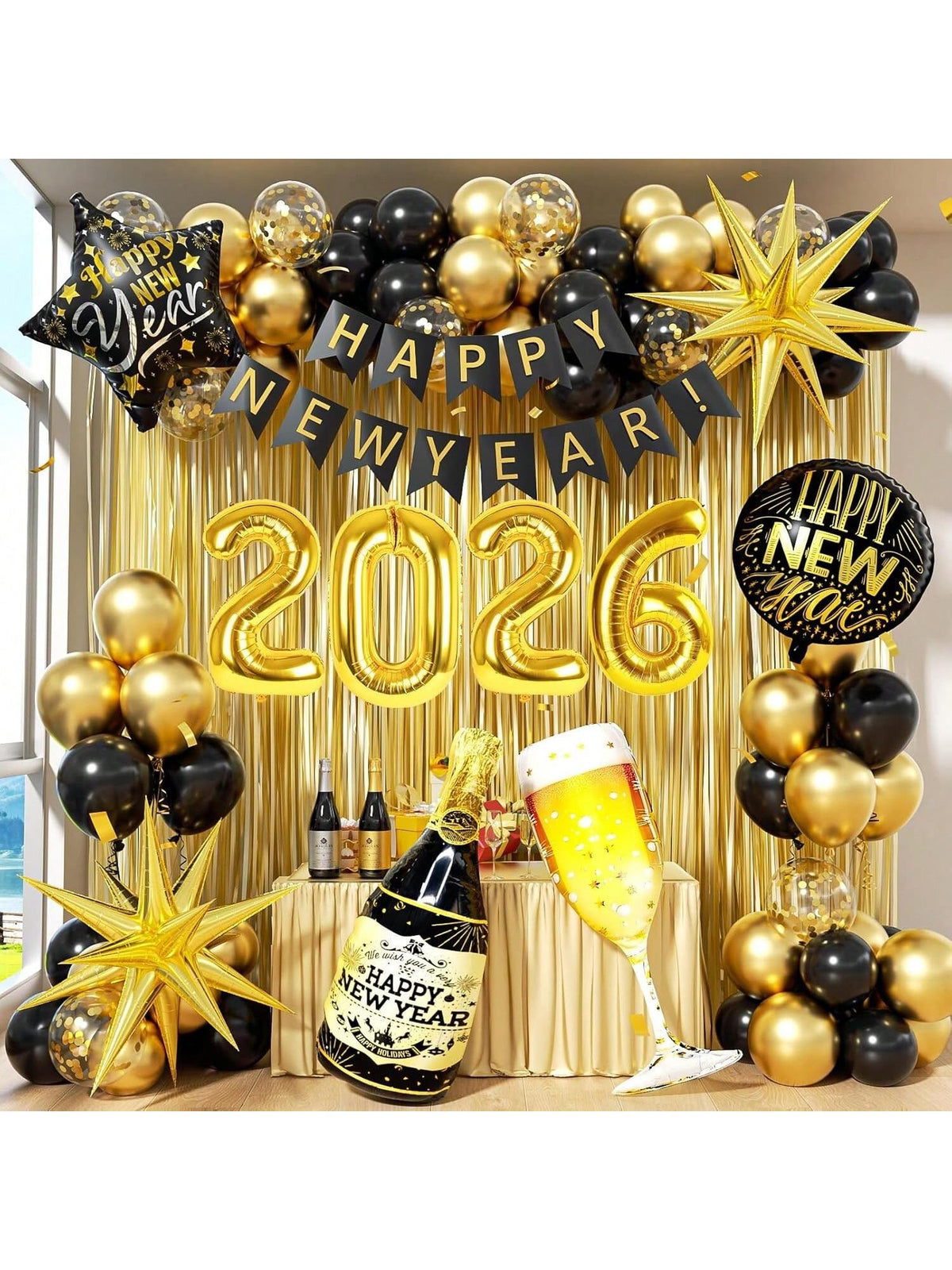 2026 New Year Party Decorations Black & Gold Balloons Banner Backdrop