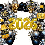 137PCS New Year Balloon Arch Kit Black Gold Silver 2026 Party Decor