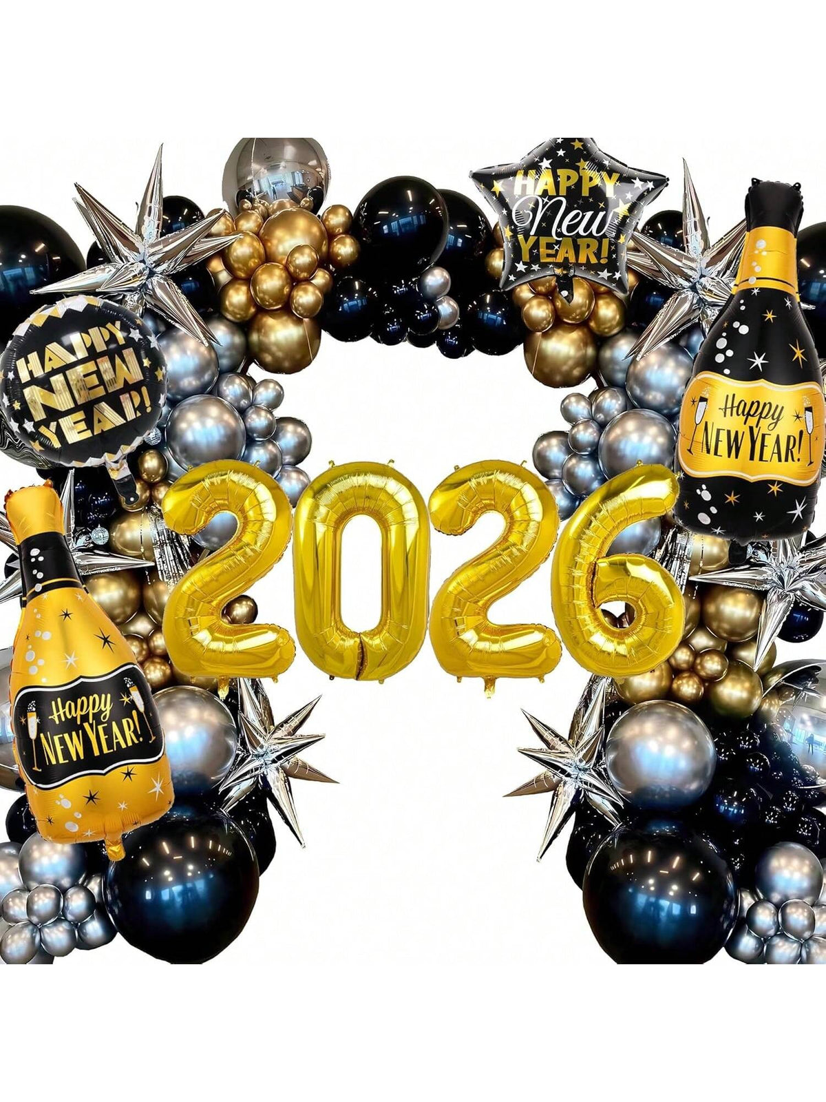 137PCS New Year Balloon Arch Kit Black Gold Silver 2026 Party Decor