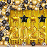 86-Piece 2026 New Year's Eve Party Set With Black And Gold Balloon Arch Kit And Gold Fringe Curtain Backdrop For Festive NYE Decorations -