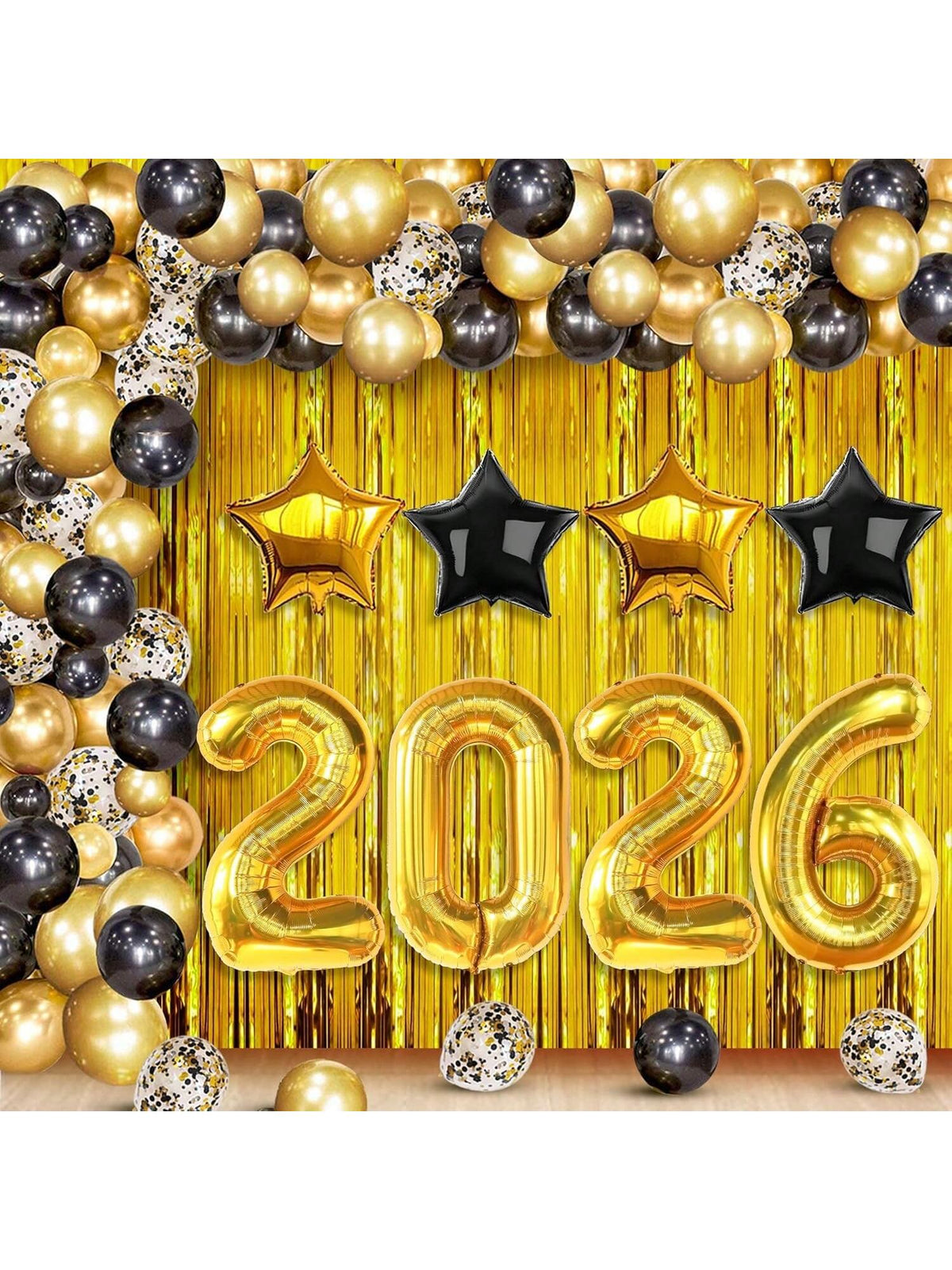 86-Piece 2026 New Year's Eve Party Set With Black And Gold Balloon Arch Kit And Gold Fringe Curtain Backdrop For Festive NYE Decorations -