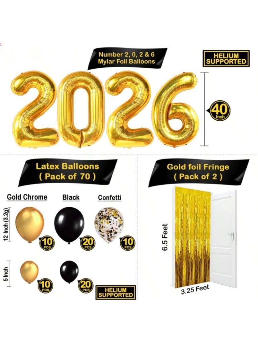 86-Piece 2026 New Year's Eve Party Set With Black And Gold Balloon Arch Kit And Gold Fringe Curtain Backdrop For Festive NYE Decorations -
