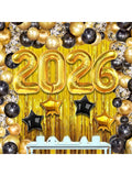 86-Piece 2026 New Year's Eve Party Set With Black And Gold Balloon Arch Kit And Gold Fringe Curtain Backdrop For Festive NYE Decorations -