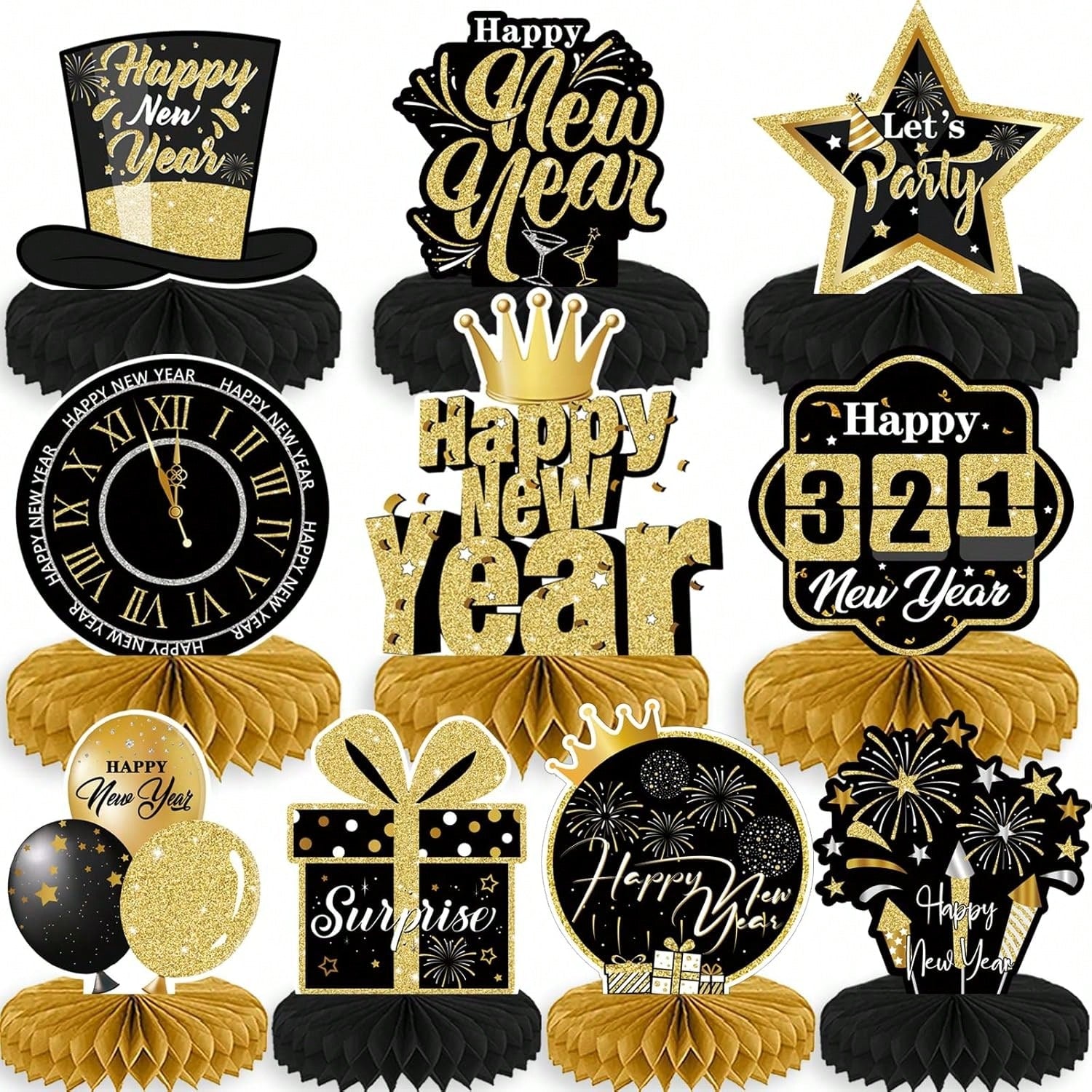 10PCS 2026 New Year Party Centerpieces Black Gold Table Toppers Decor