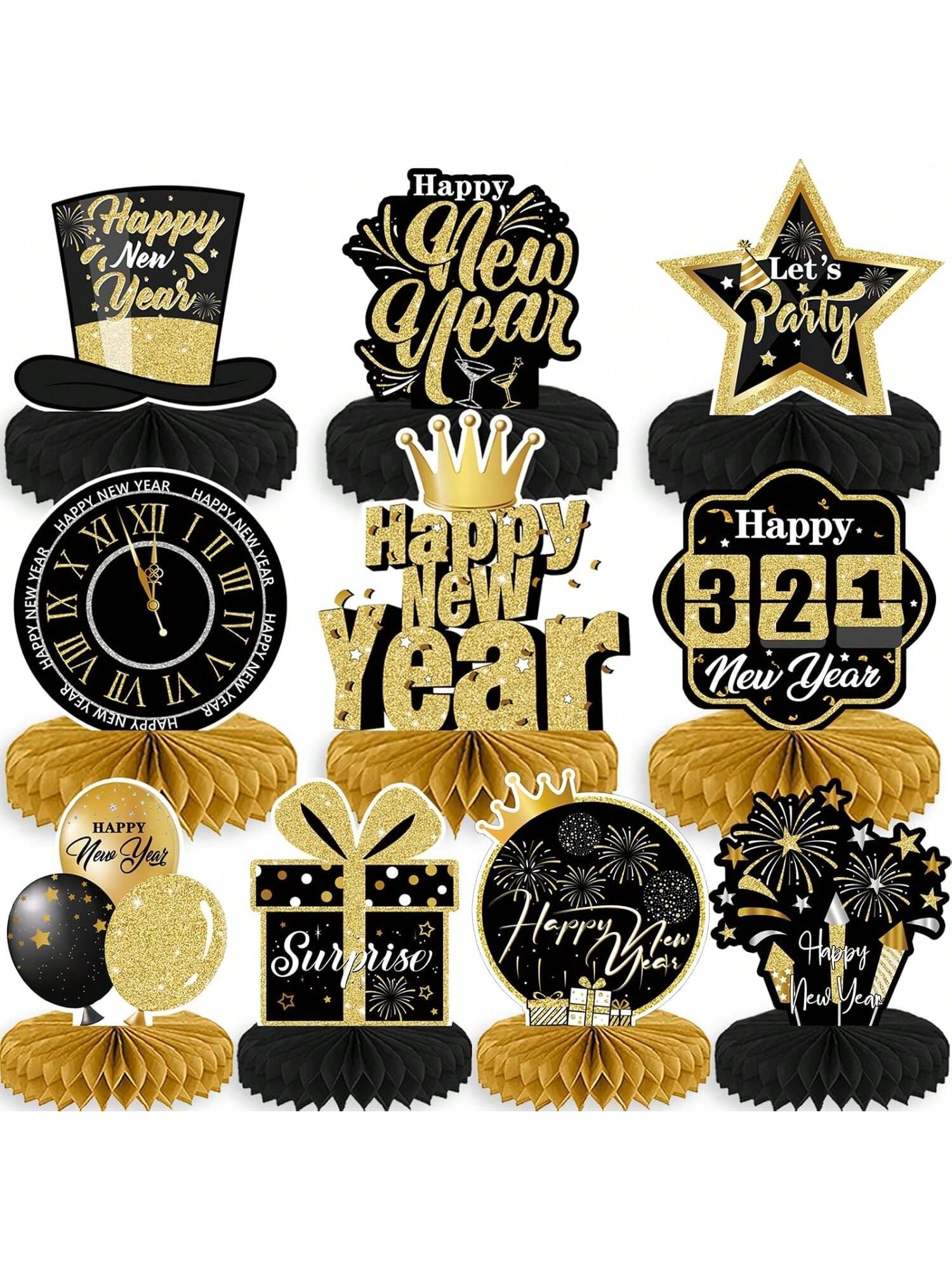 10PCS 2026 New Year Party Centerpieces Black Gold Table Toppers Decor