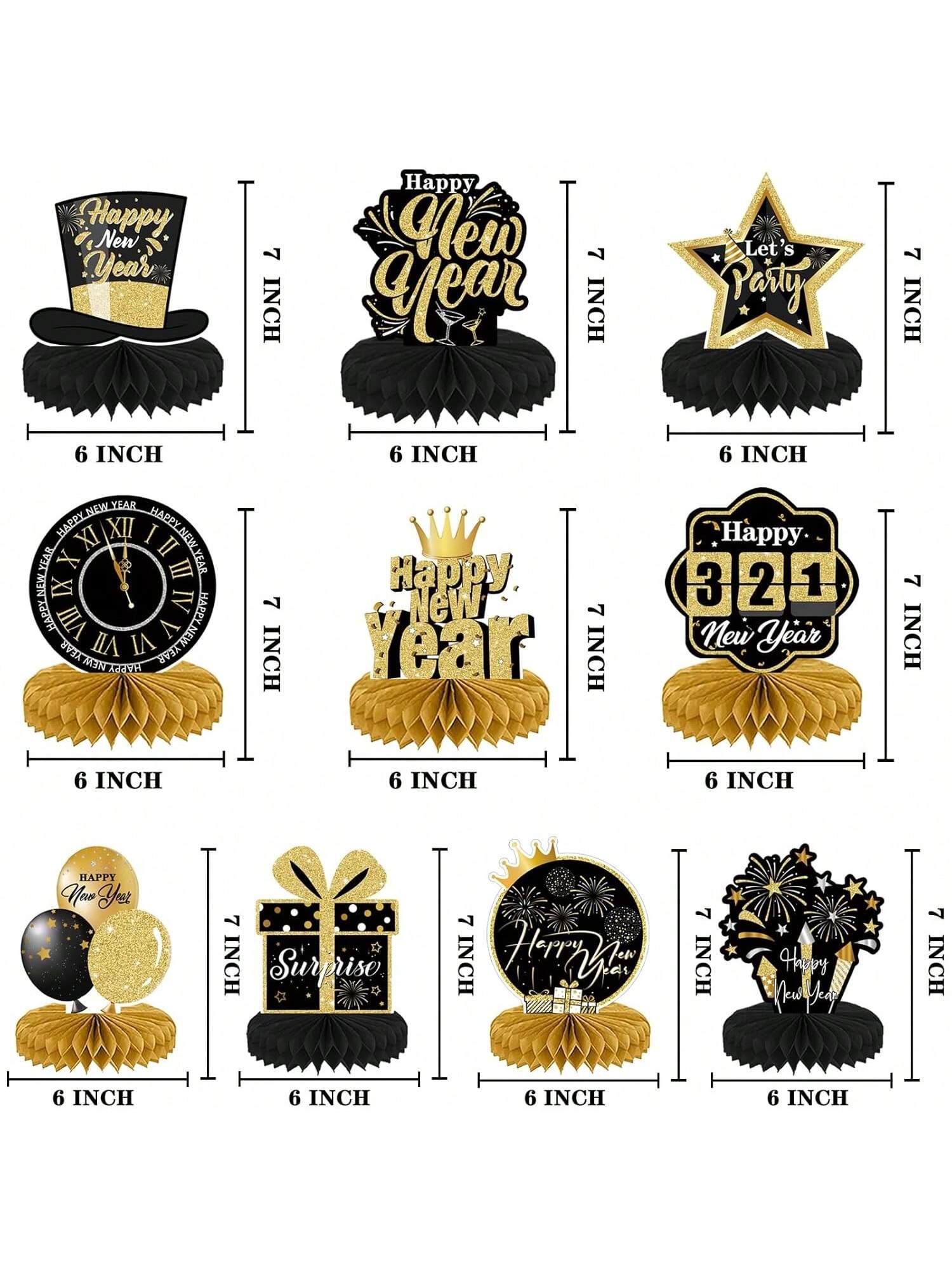 10PCS 2026 New Year Party Centerpieces Black Gold Table Toppers Decor