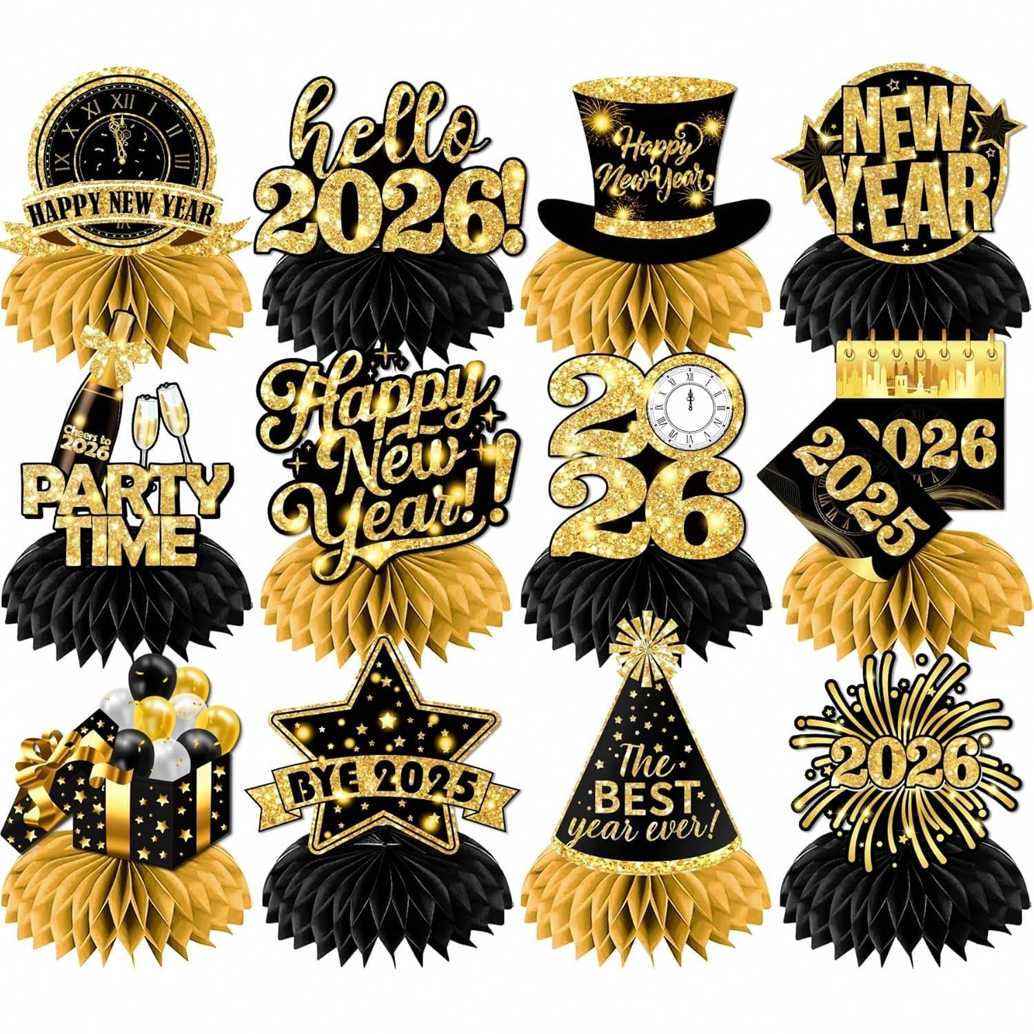 9pcs 2026 New Year Honeycomb Centerpieces Black & Gold for NYE Table Decor
