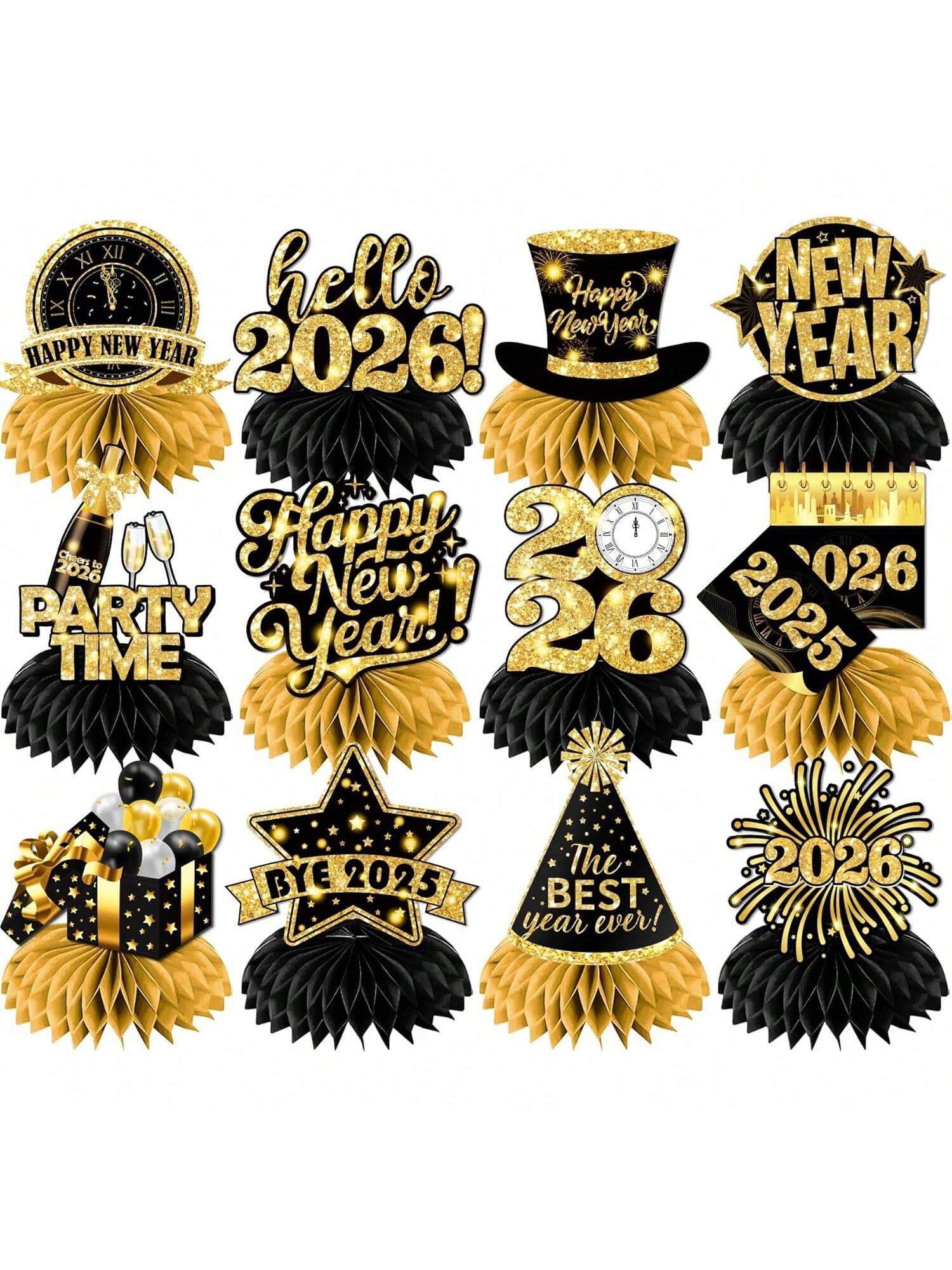 9pcs 2026 New Year Honeycomb Centerpieces Black & Gold for NYE Table Decor