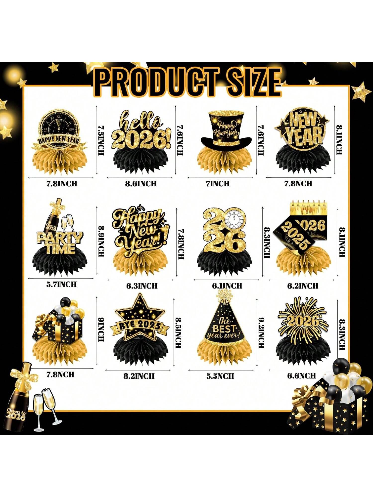 9pcs 2026 New Year Honeycomb Centerpieces Black & Gold for NYE Table Decor