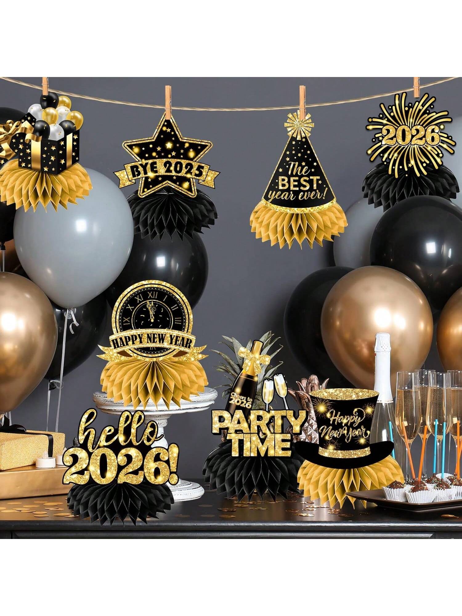 9pcs 2026 New Year Honeycomb Centerpieces Black & Gold for NYE Table Decor