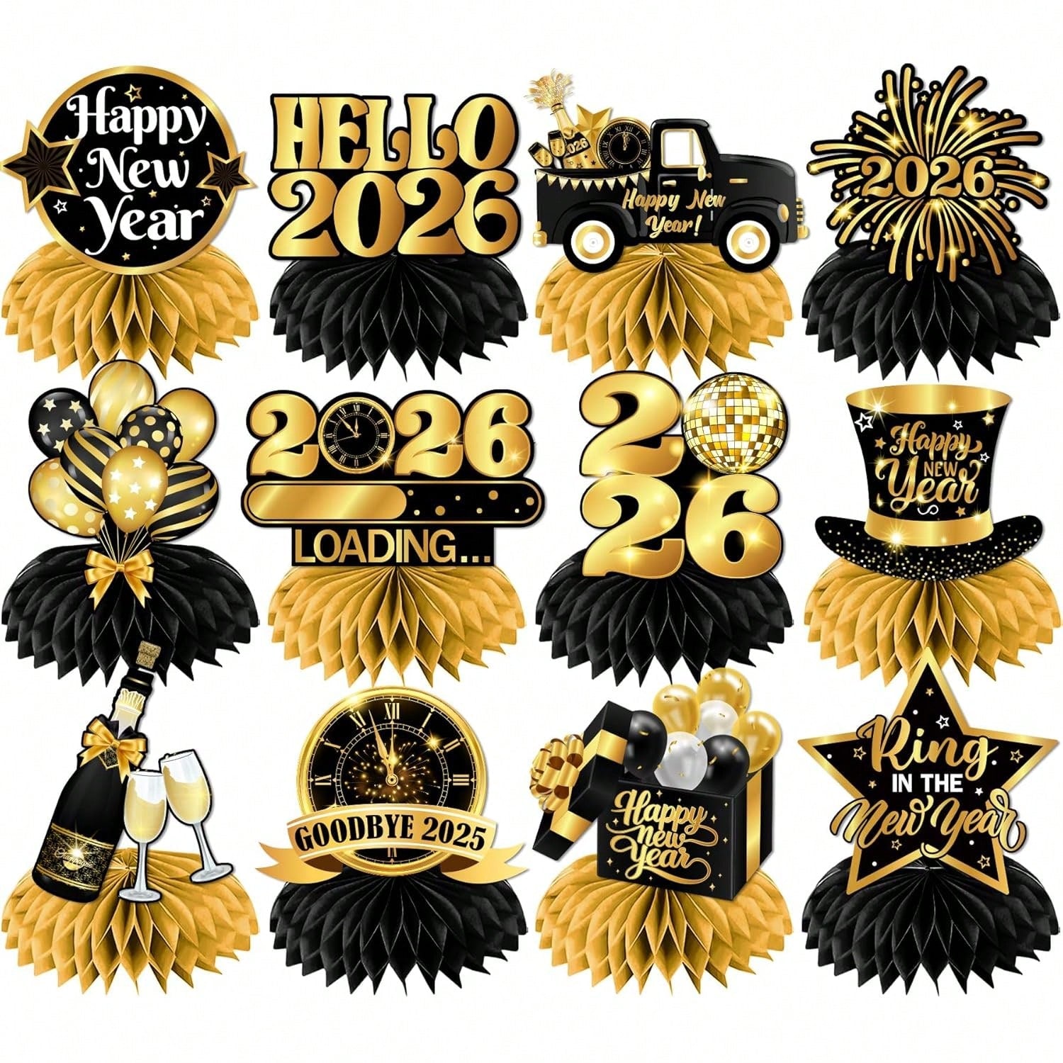 12pcs Happy New Year Honeycomb Centerpieces Black & Gold for 2026 NYE Decor