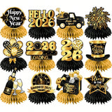 12pcs Happy New Year Honeycomb Centerpieces Black & Gold for 2026 NYE Decor