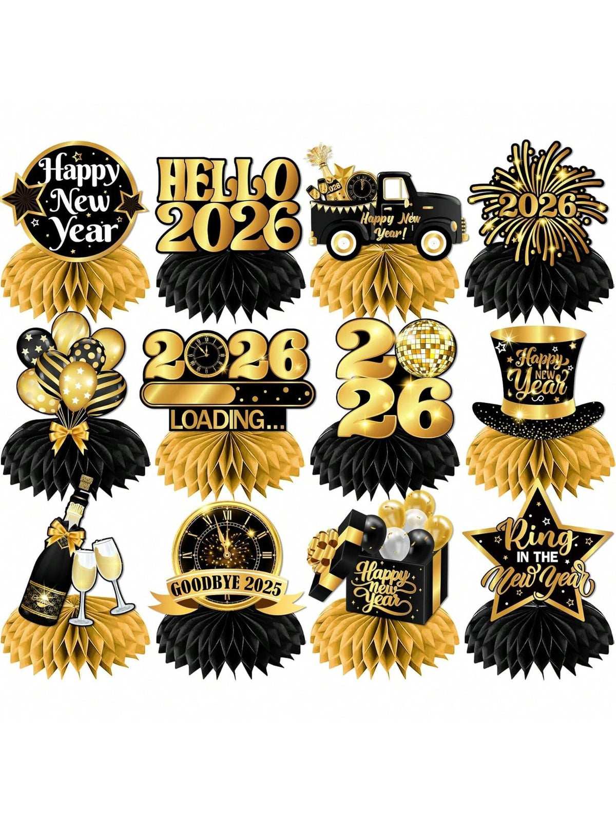 12pcs Happy New Year Honeycomb Centerpieces Black & Gold for 2026 NYE Decor