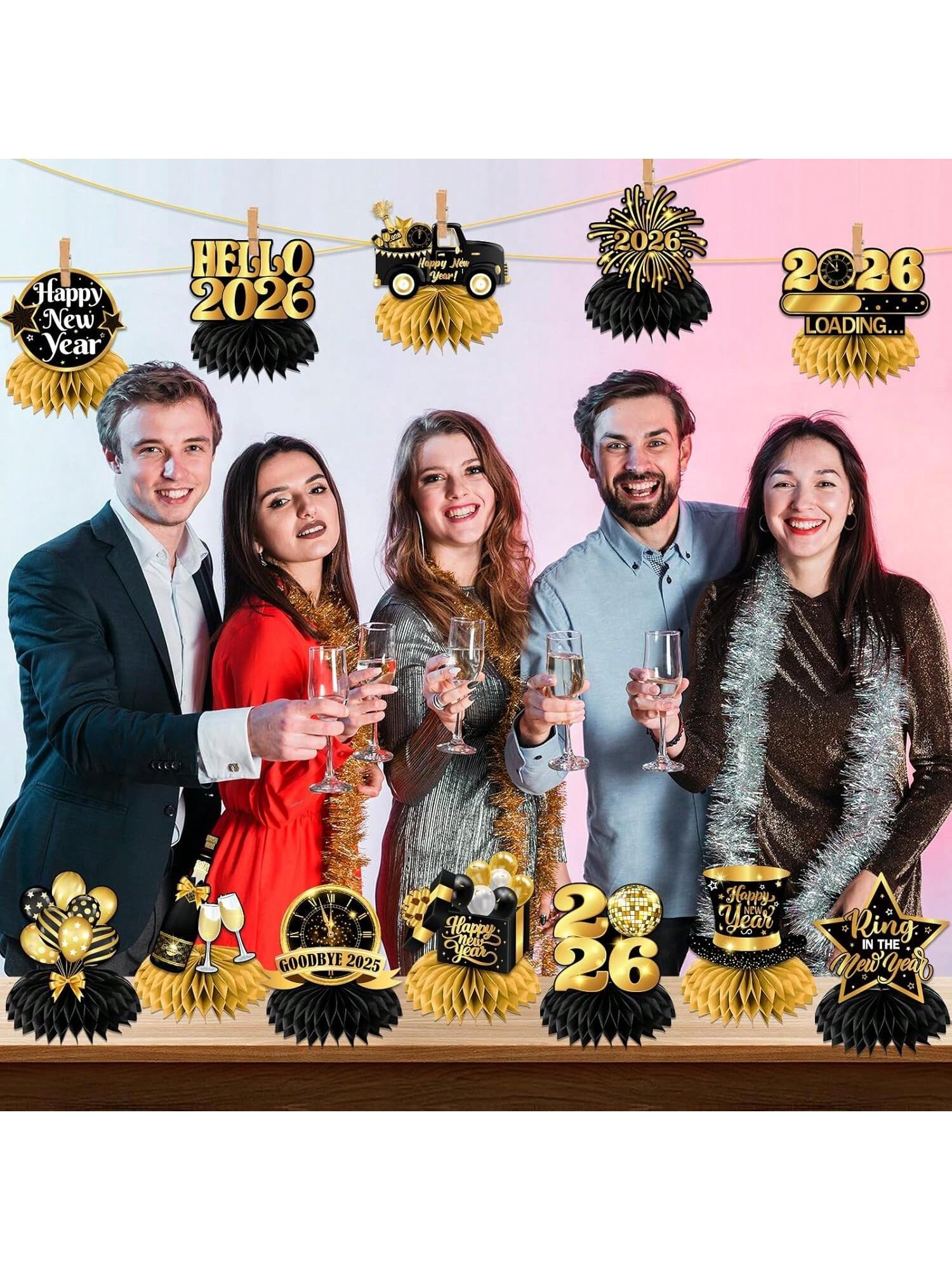 12pcs Happy New Year Honeycomb Centerpieces Black & Gold for 2026 NYE Decor