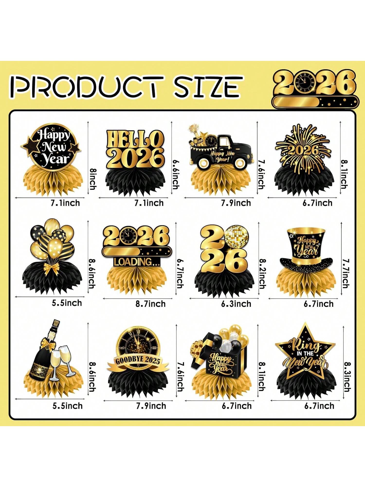 12pcs Happy New Year Honeycomb Centerpieces Black & Gold for 2026 NYE Decor