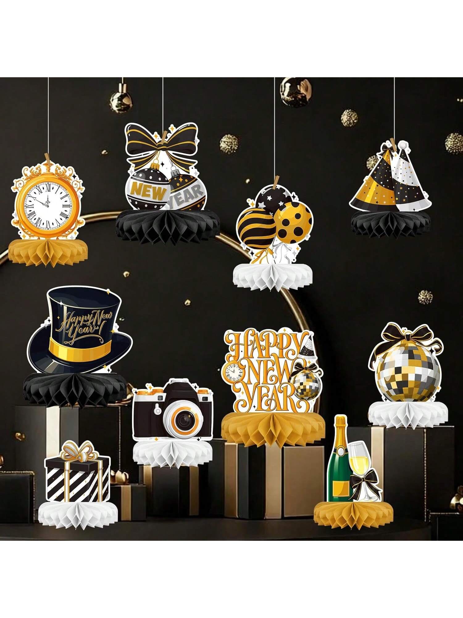 Happy New Year Party Bundle with Honeycomb Centerpieces & Table Toppers for NYE