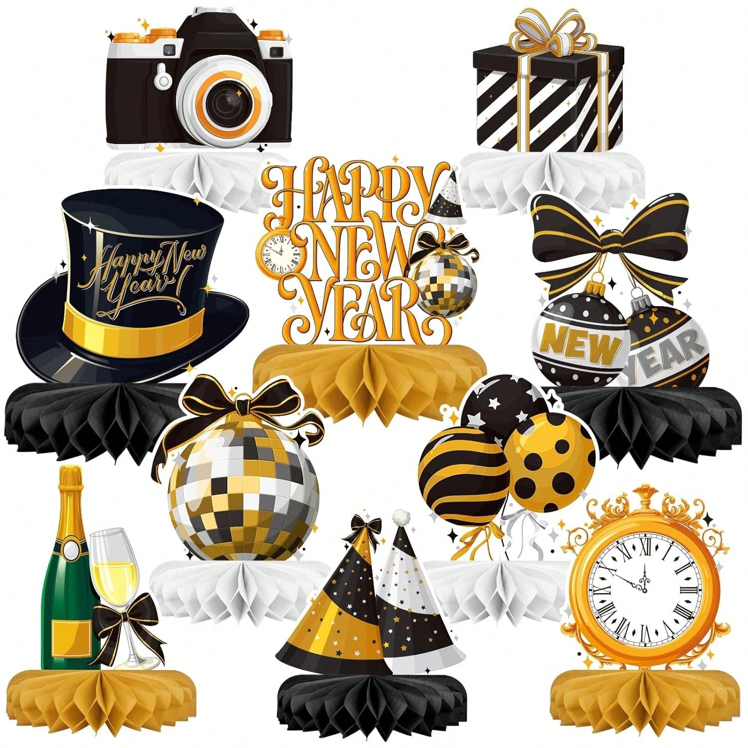 Happy New Year Party Bundle with Honeycomb Centerpieces & Table Toppers for NYE