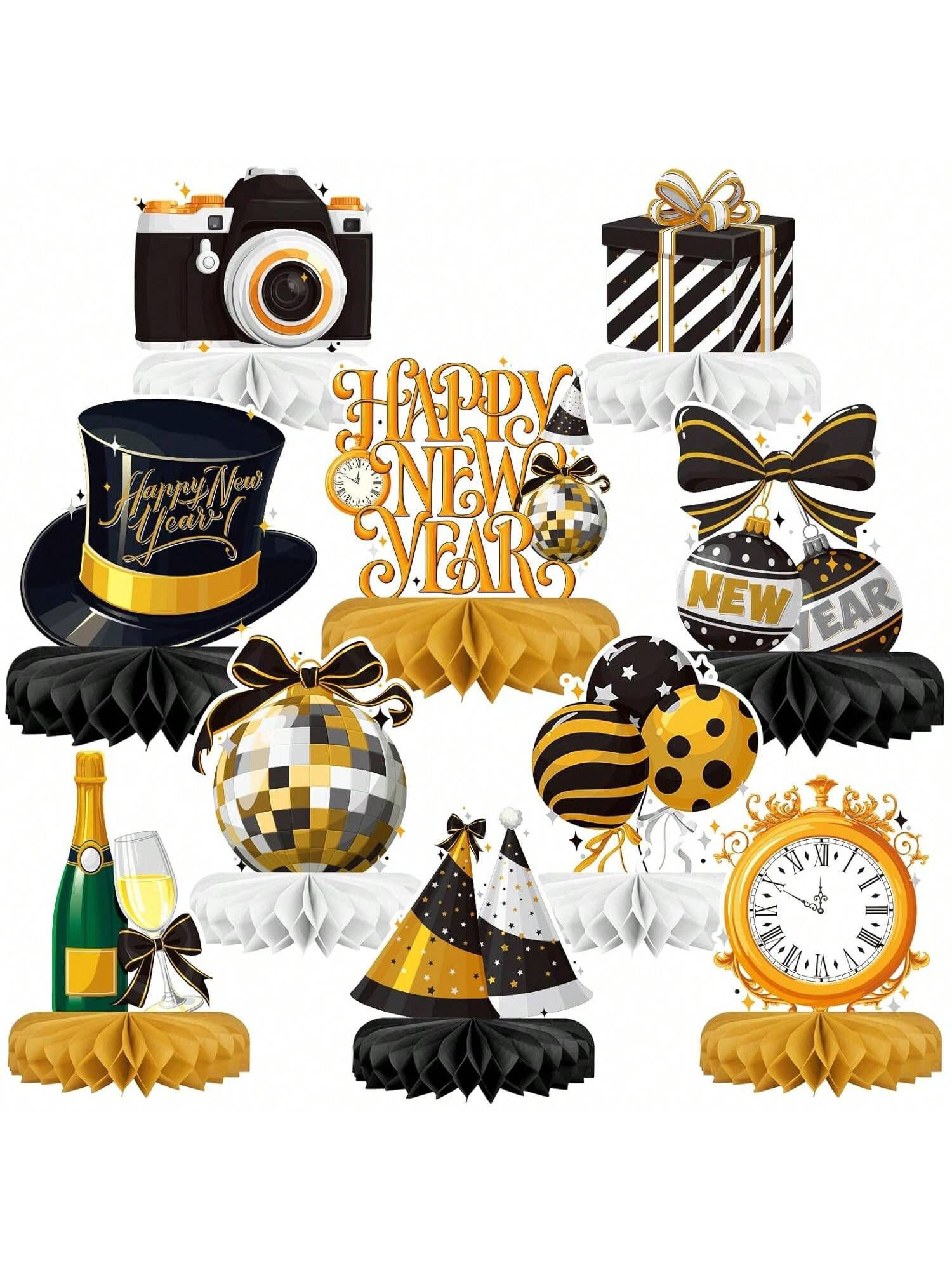Happy New Year Party Bundle with Honeycomb Centerpieces & Table Toppers for NYE