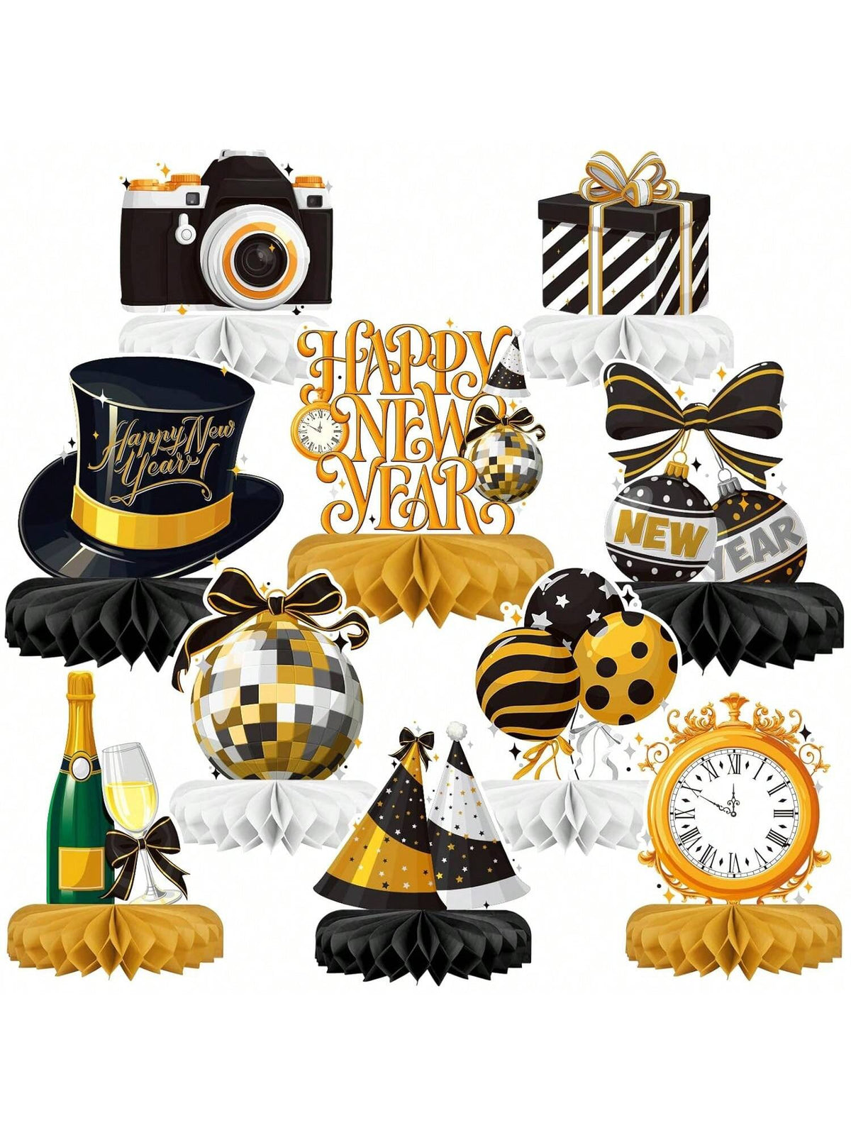 Happy New Year Party Bundle with Honeycomb Centerpieces & Table Toppers for NYE