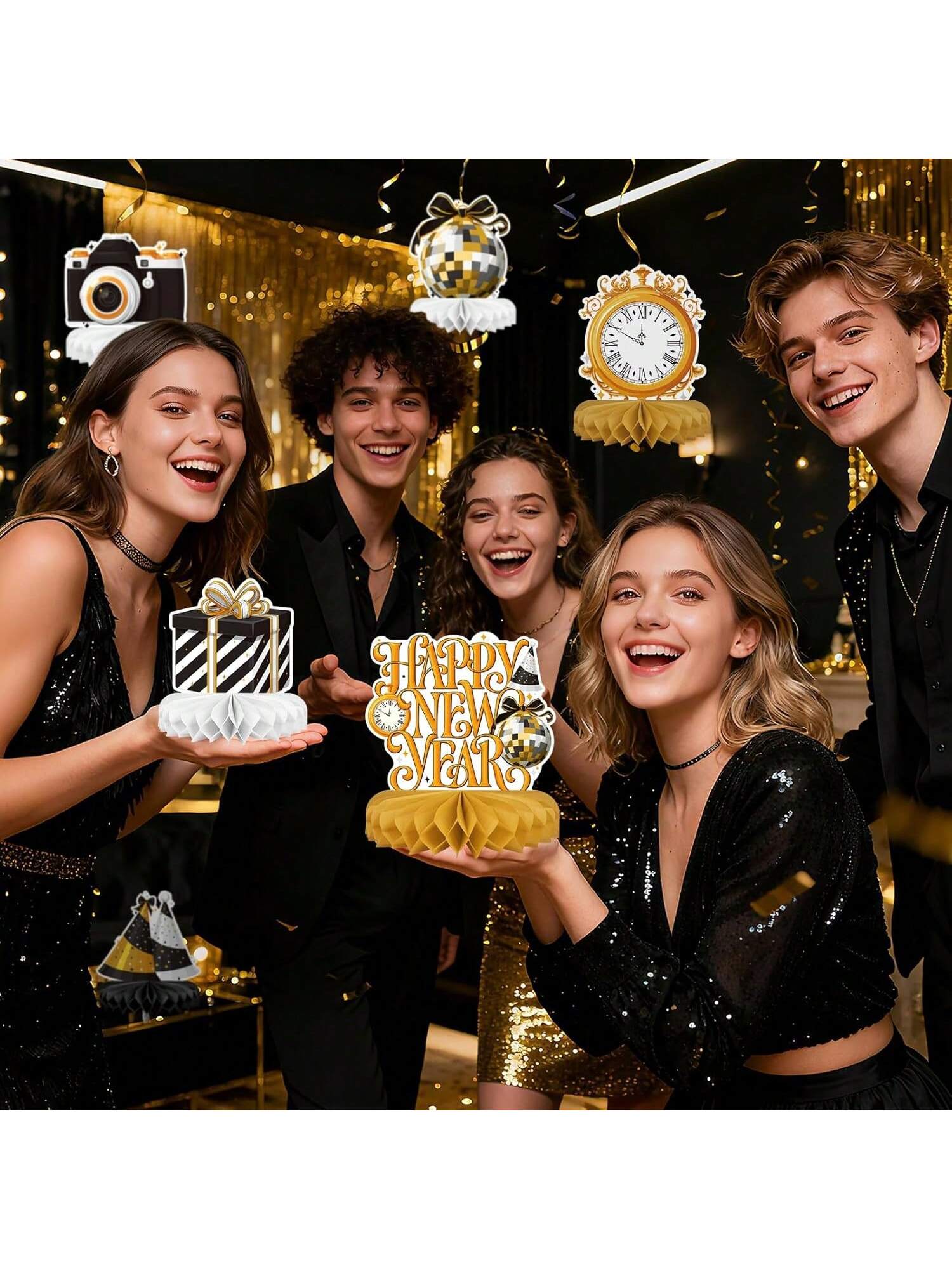 Happy New Year Party Bundle with Honeycomb Centerpieces & Table Toppers for NYE