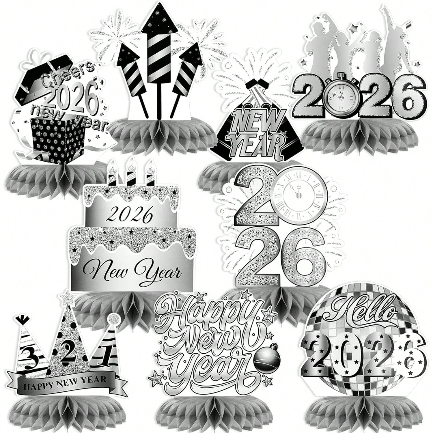 9pcs 2026 New Year Silver Honeycomb Centerpieces for NYE Table & Party Decor