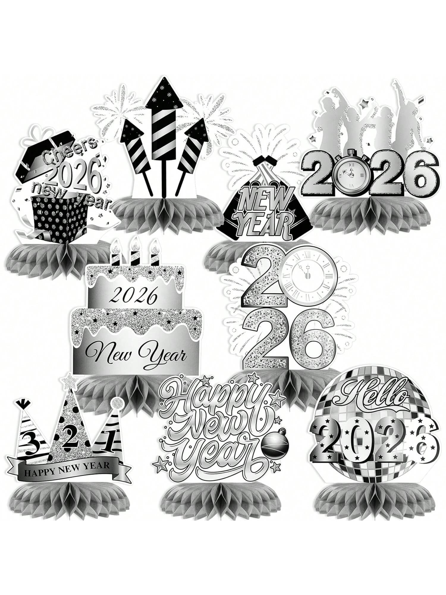 9pcs 2026 New Year Silver Honeycomb Centerpieces for NYE Table & Party Decor
