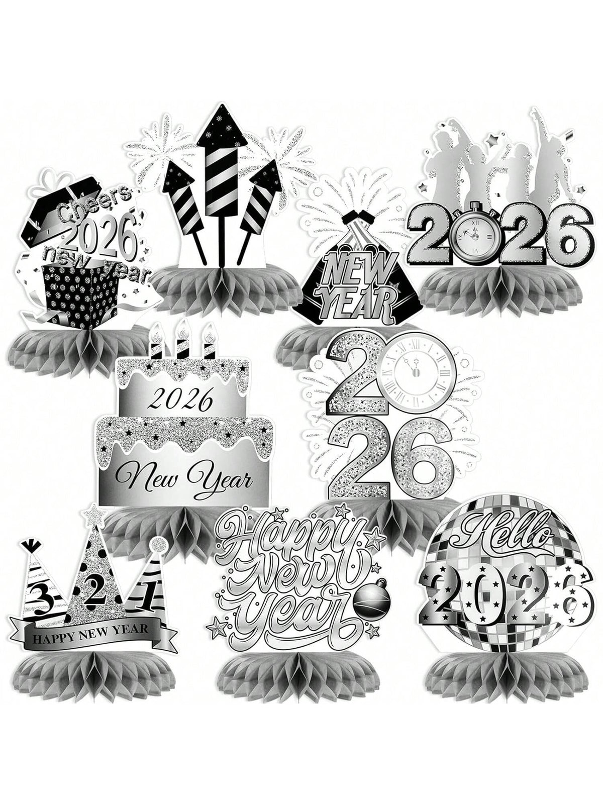 9pcs 2026 New Year Silver Honeycomb Centerpieces for NYE Table & Party Decor