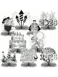 9pcs 2026 New Year Silver Honeycomb Centerpieces for NYE Table & Party Decor