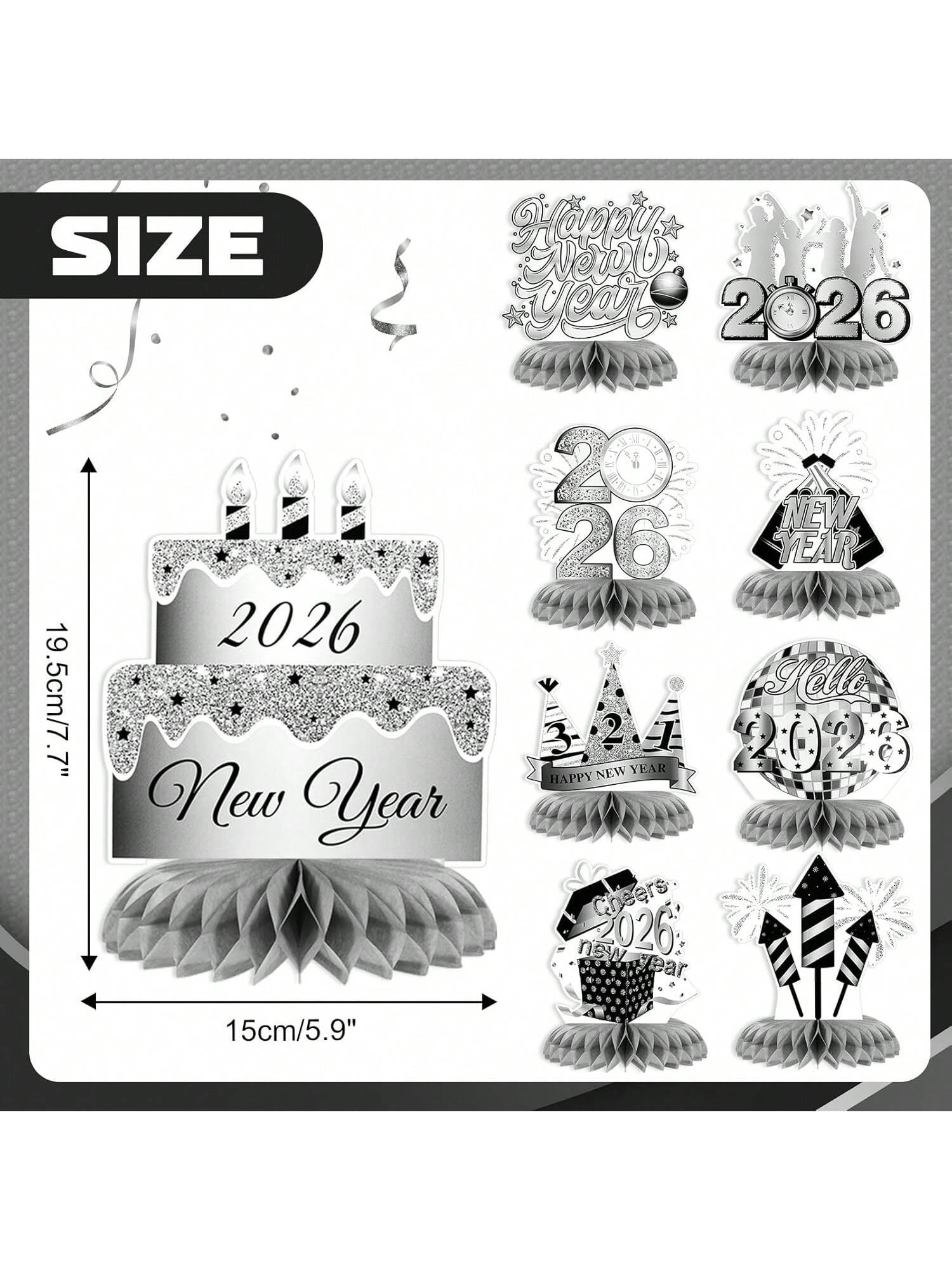 9pcs 2026 New Year Silver Honeycomb Centerpieces for NYE Table & Party Decor