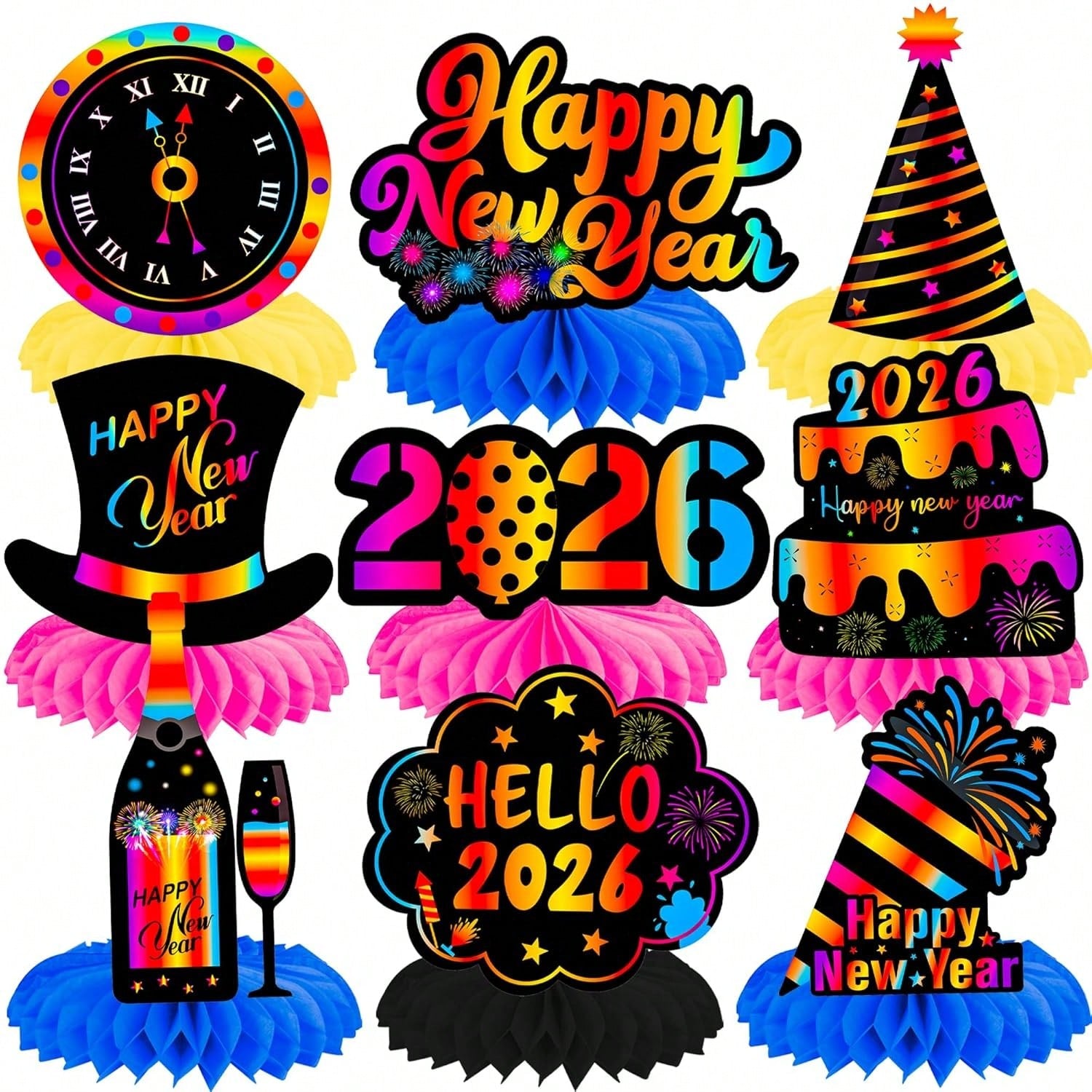 12pcs Happy New Year Honeycomb Centerpieces Hello 2026 for NYE Table Decor