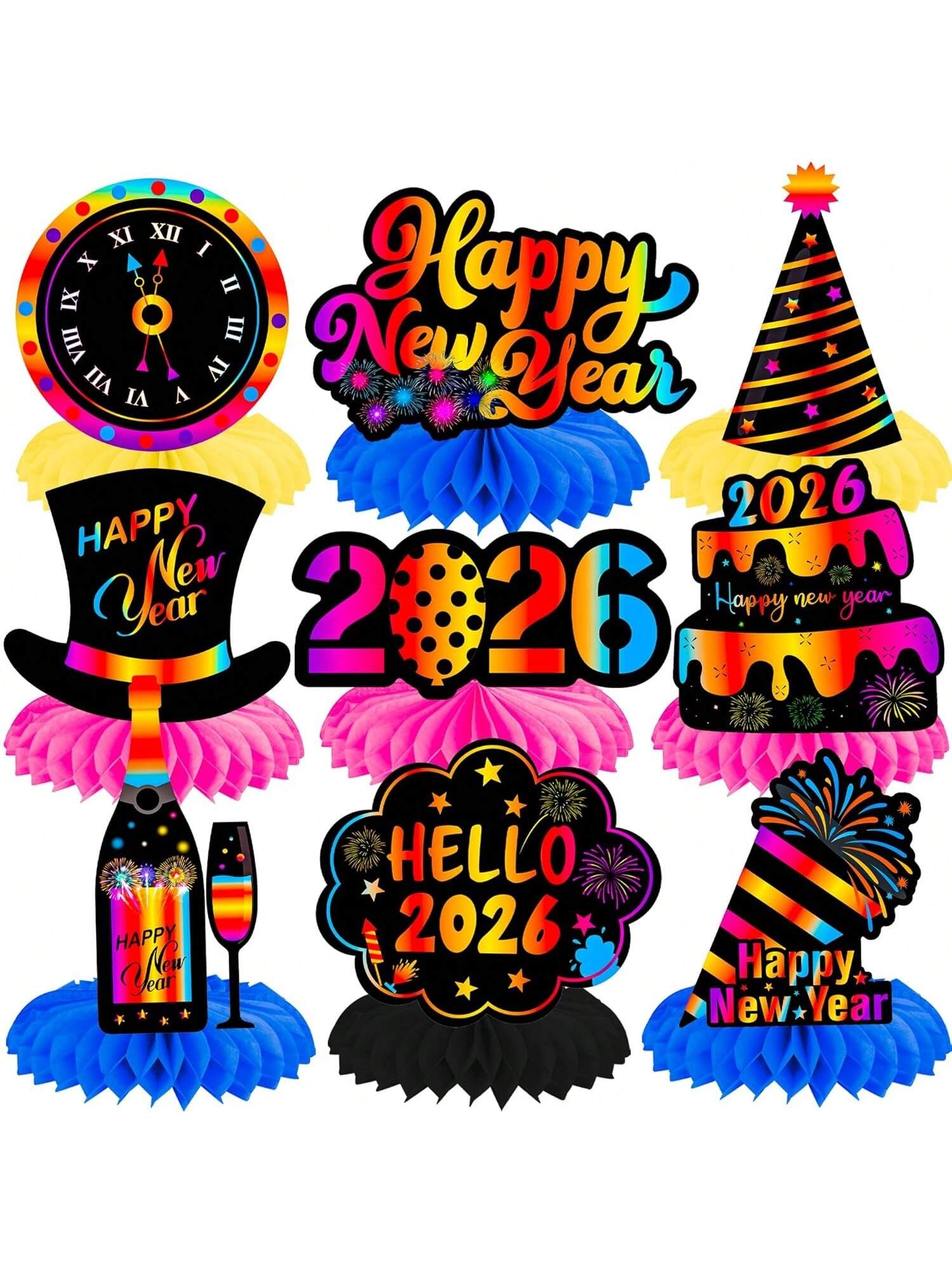 12pcs Happy New Year Honeycomb Centerpieces Hello 2026 for NYE Table Decor