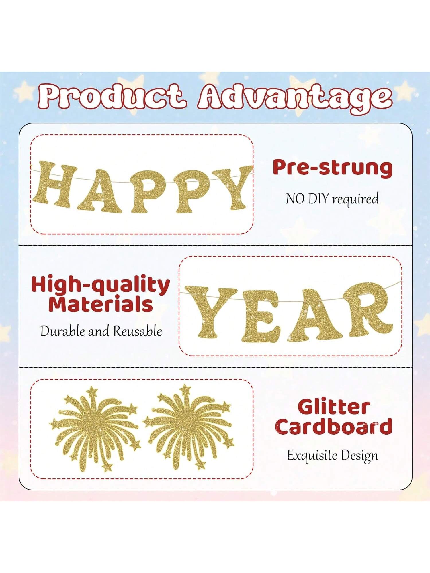 Happy New Year Banner Gold Glitter Pre-Strung for NYE and Holiday Party Decor
