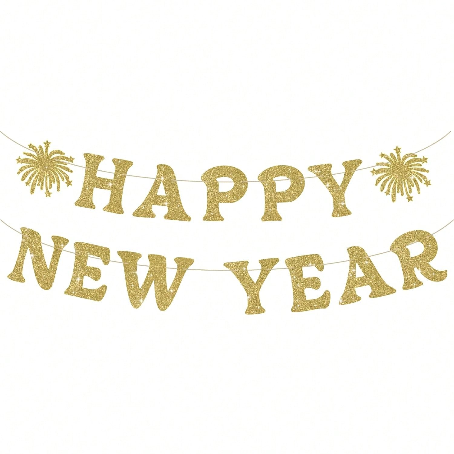 Happy New Year Banner Gold Glitter Pre-Strung for NYE and Holiday Party Decor