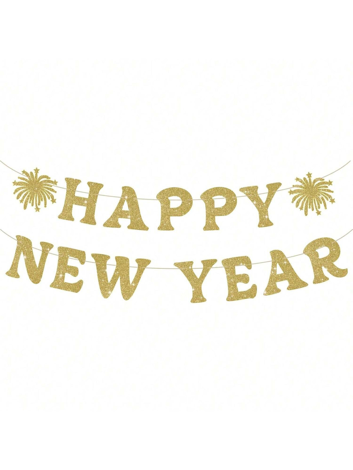 Happy New Year Banner Gold Glitter Pre-Strung for NYE and Holiday Party Decor