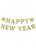 Happy New Year Banner Gold Glitter Pre-Strung for NYE and Holiday Party Decor
