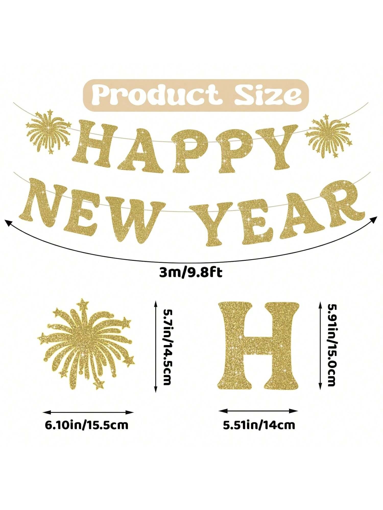 Happy New Year Banner Gold Glitter Pre-Strung for NYE and Holiday Party Decor
