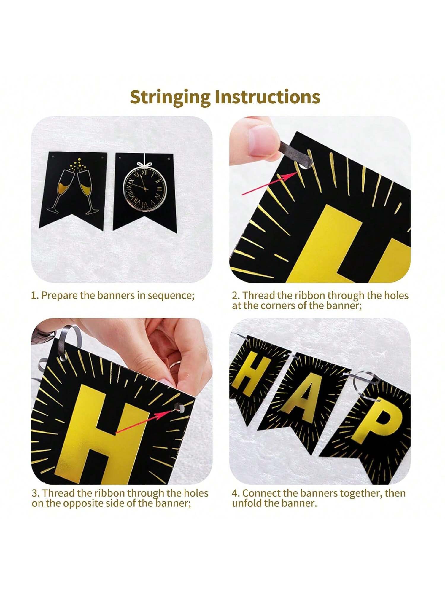 15-Piece Black and Gold Happy New Year Banner Set for 2026 Party Decor