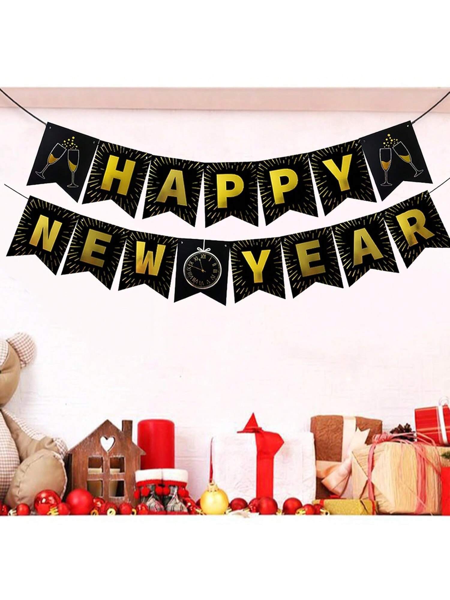 15-Piece Black and Gold Happy New Year Banner Set for 2026 Party Decor