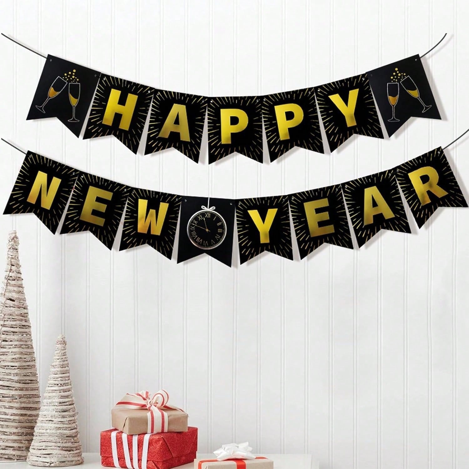 15-Piece Black and Gold Happy New Year Banner Set for 2026 Party Decor