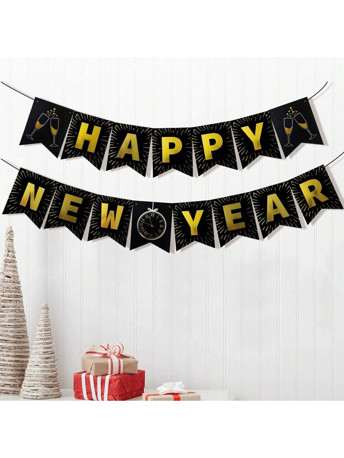 15-Piece Black and Gold Happy New Year Banner Set for 2026 Party Decor