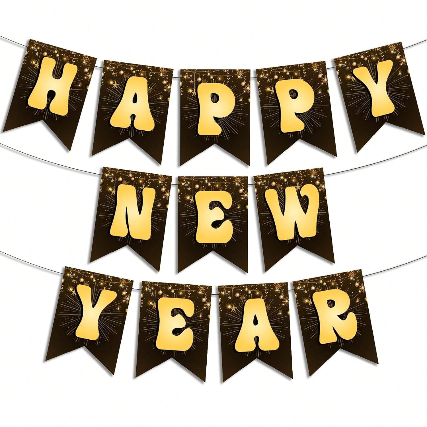Happy New Year 2026 Black and Gold Metallic Banner for Party and Celebration Decor