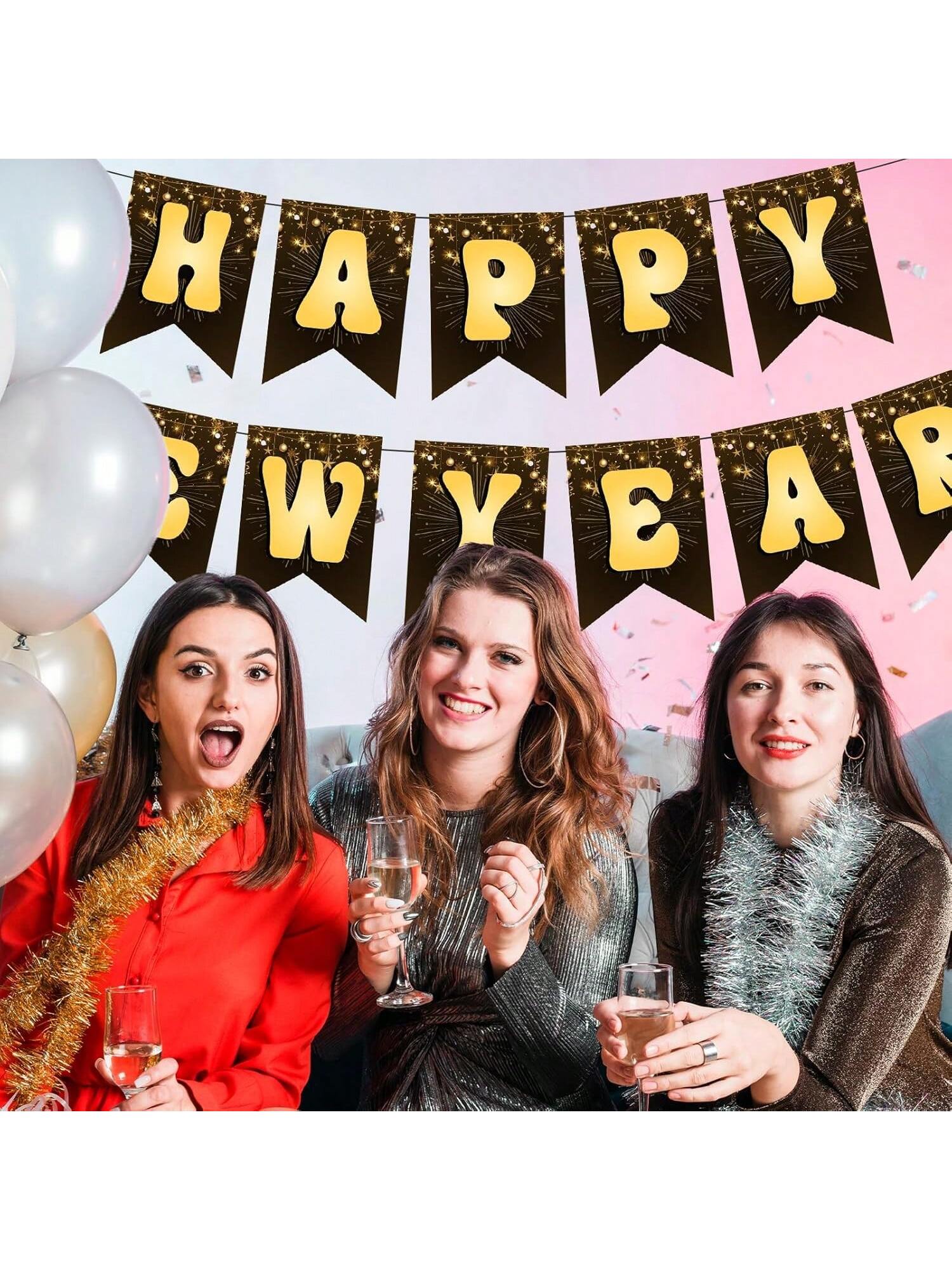 Happy New Year 2026 Black and Gold Metallic Banner for Party and Celebration Decor