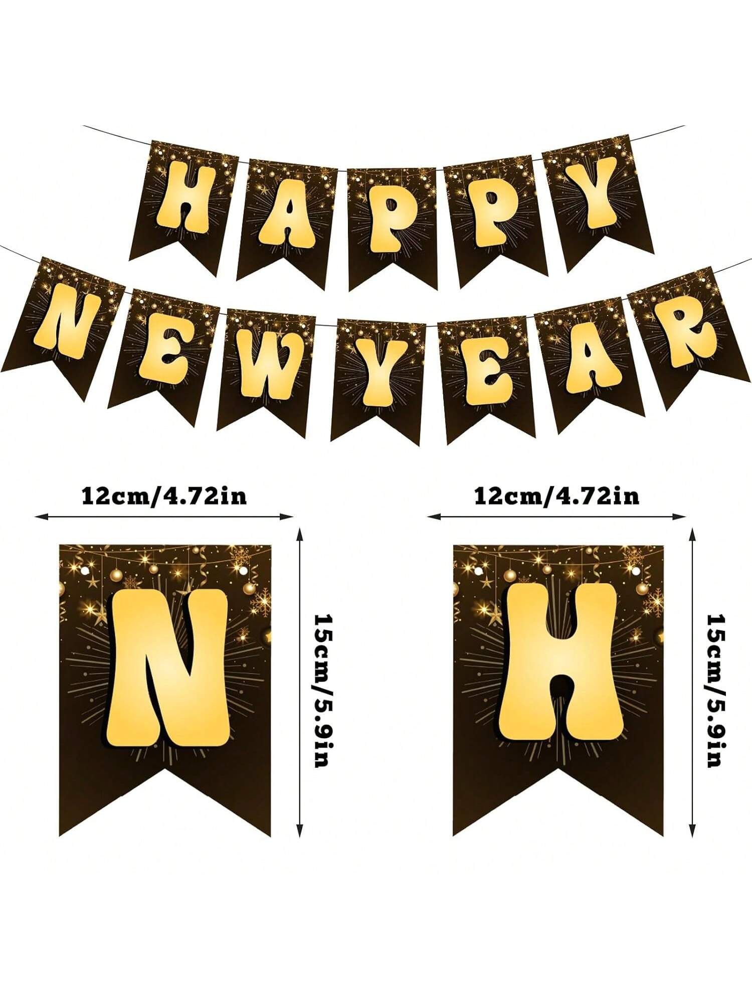 Happy New Year 2026 Black and Gold Metallic Banner for Party and Celebration Decor
